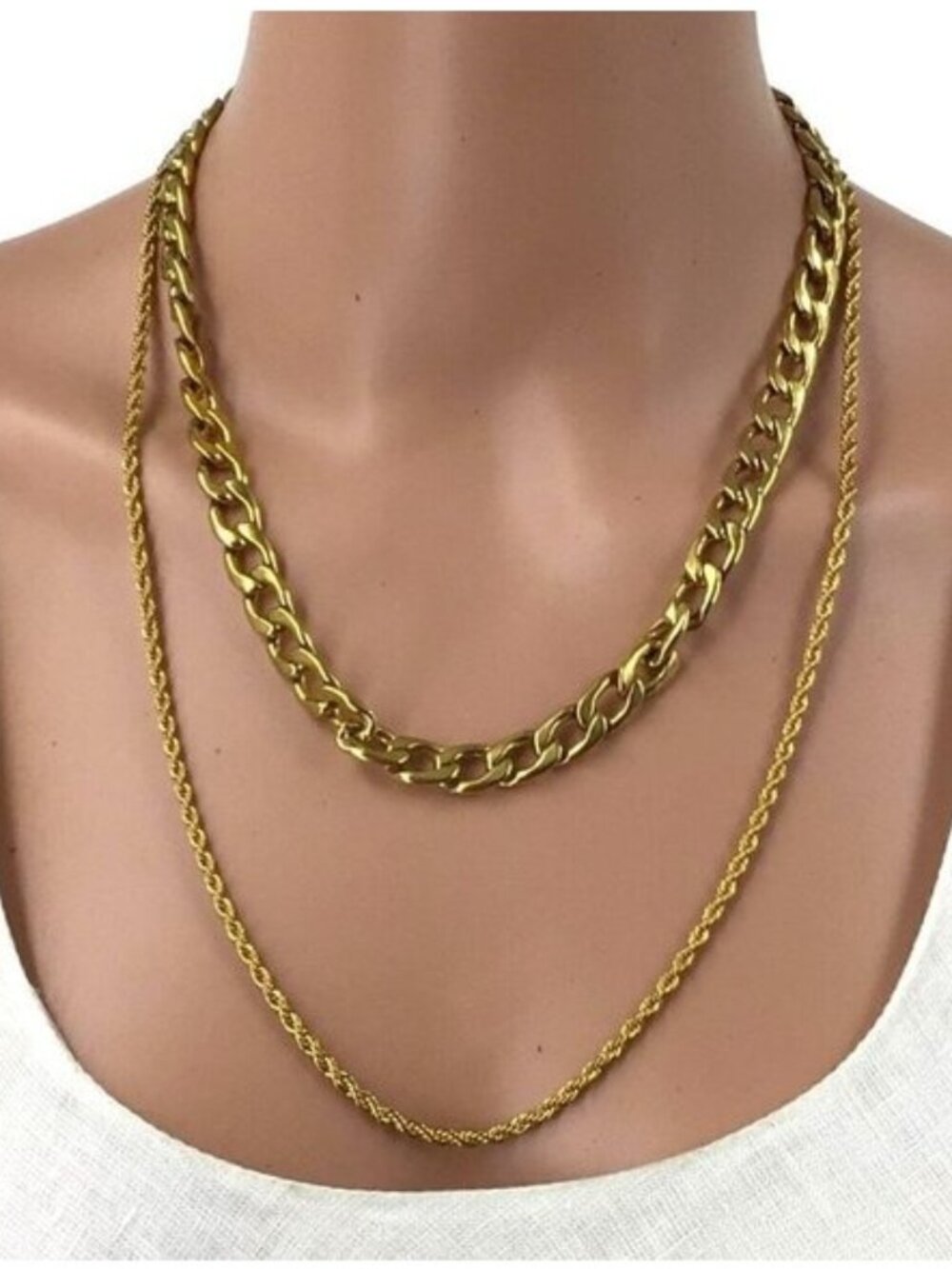 Double Strand Necklace Gold Tone Cuban Link Rope Chain Women